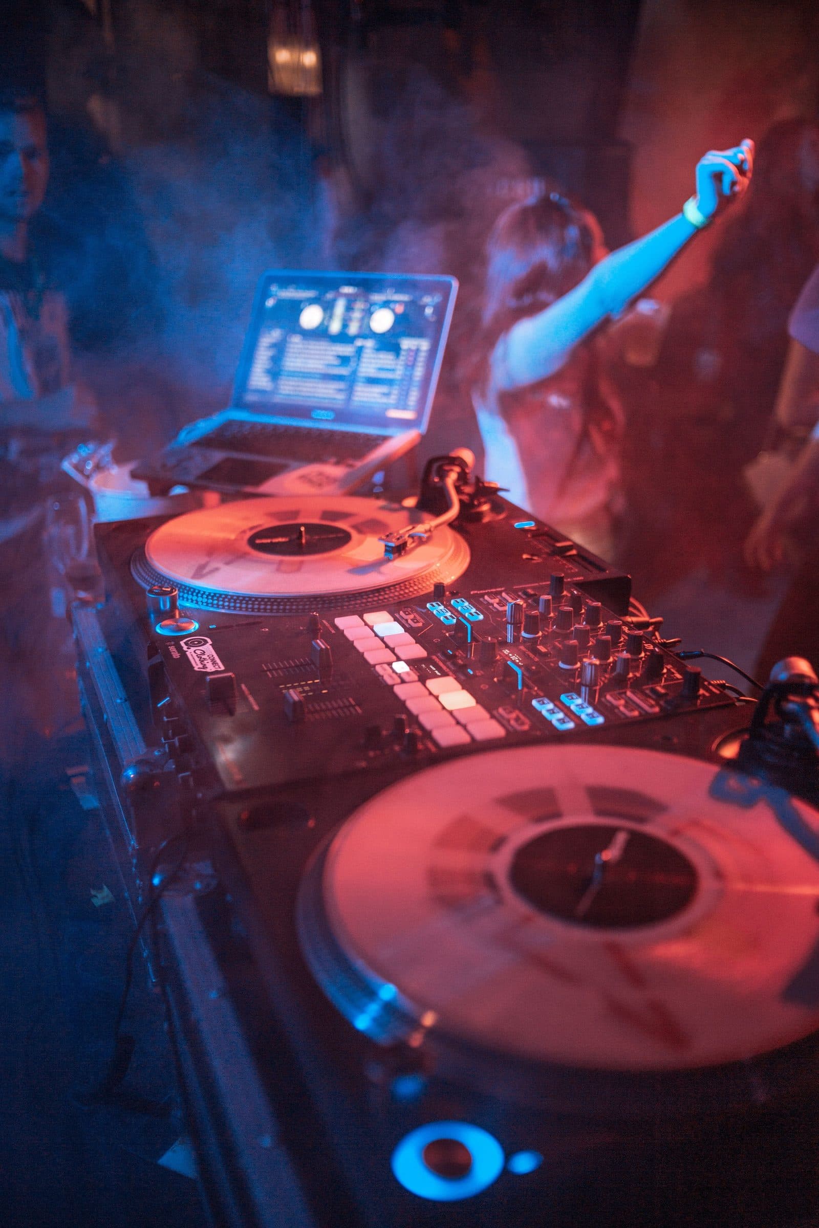 Decks from above under pink and blue light